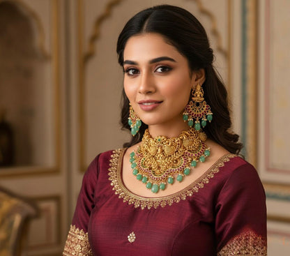 Matte finish real kemp-green Lakshmi bridal choker set dj-32591