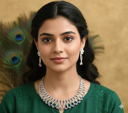 Silver tone ruby-emerald-white stone necklace