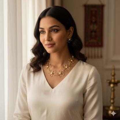 Gold tone pearl flower hasli necklace set dj-51249