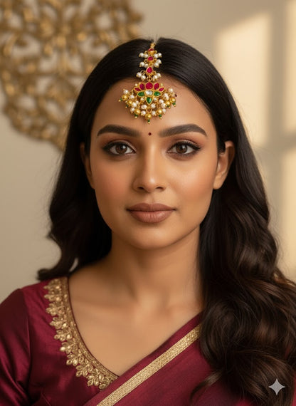 Gold tone pink-green-white Kundan jadau lotus tikka dj-36357