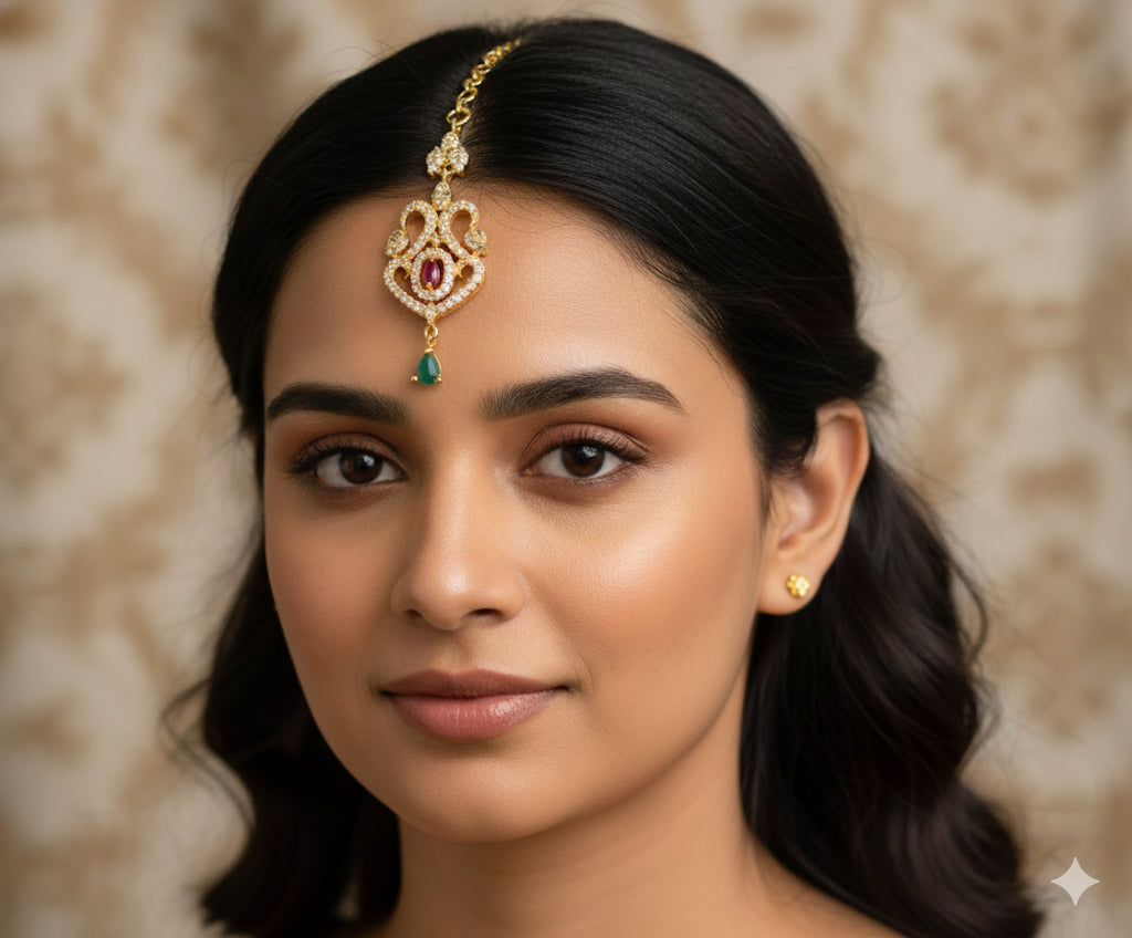 Gold tone cz ruby-green peacock maang tikka dj-08782