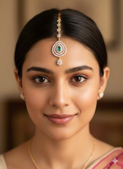 Two tone cz-peacock green thilak stone tikka dj-51370