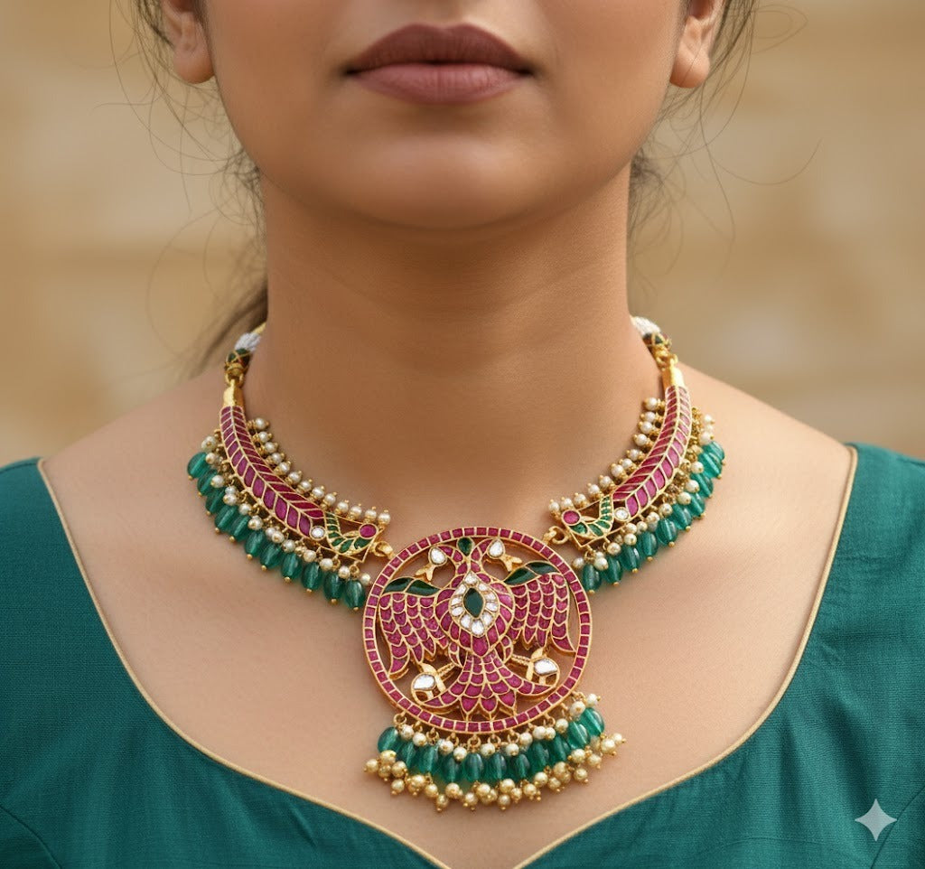 Gold tone pink-green-white kundan jadau ganda berunda blue beaded hasli necklace dj-50687