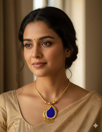 Gold tone pink-blue kerala style peacock necklace dj-43241