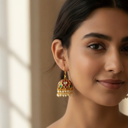 Matte finish kemp-green-white kundan hook mango jhumkka dj-47089