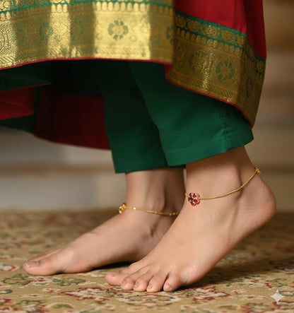 Gold tone pink-green flower kundan jadau anklets dj-51409