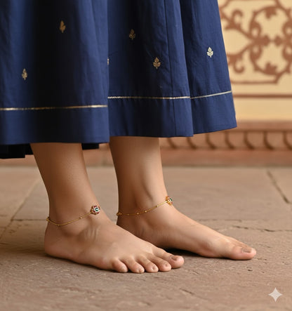 Gold tone pink-green flower kundan jadau anklets dj-51412