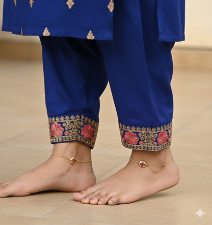 Gold tone pink-green flower kundan jadau anklets dj-51413