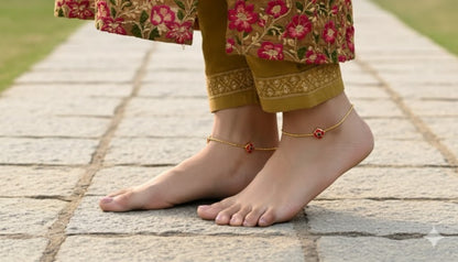 Gold tone pink-green flower kundan jadau anklets dj-51414