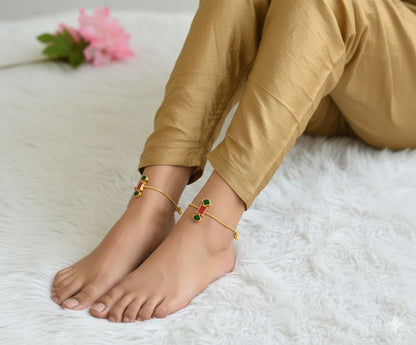 Gold tone pink-green kundan jadau anklets dj-44099