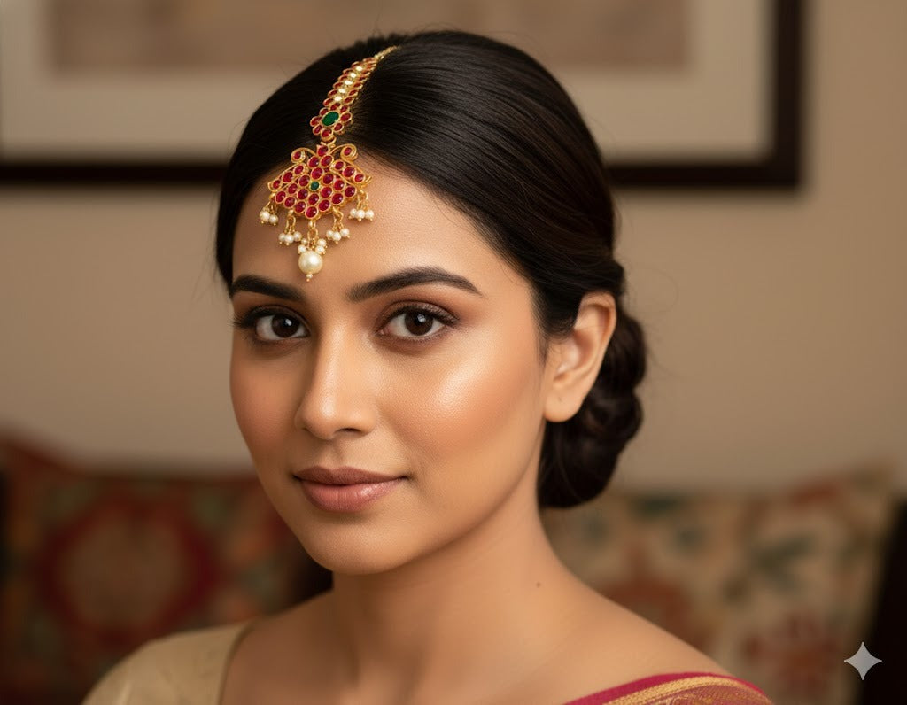 Antique kemp-green pearl maang tikka dj-13768