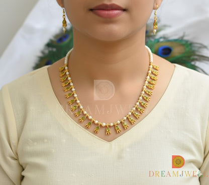 Gold tone peach green stone pearl hand made necklace set dj-37343