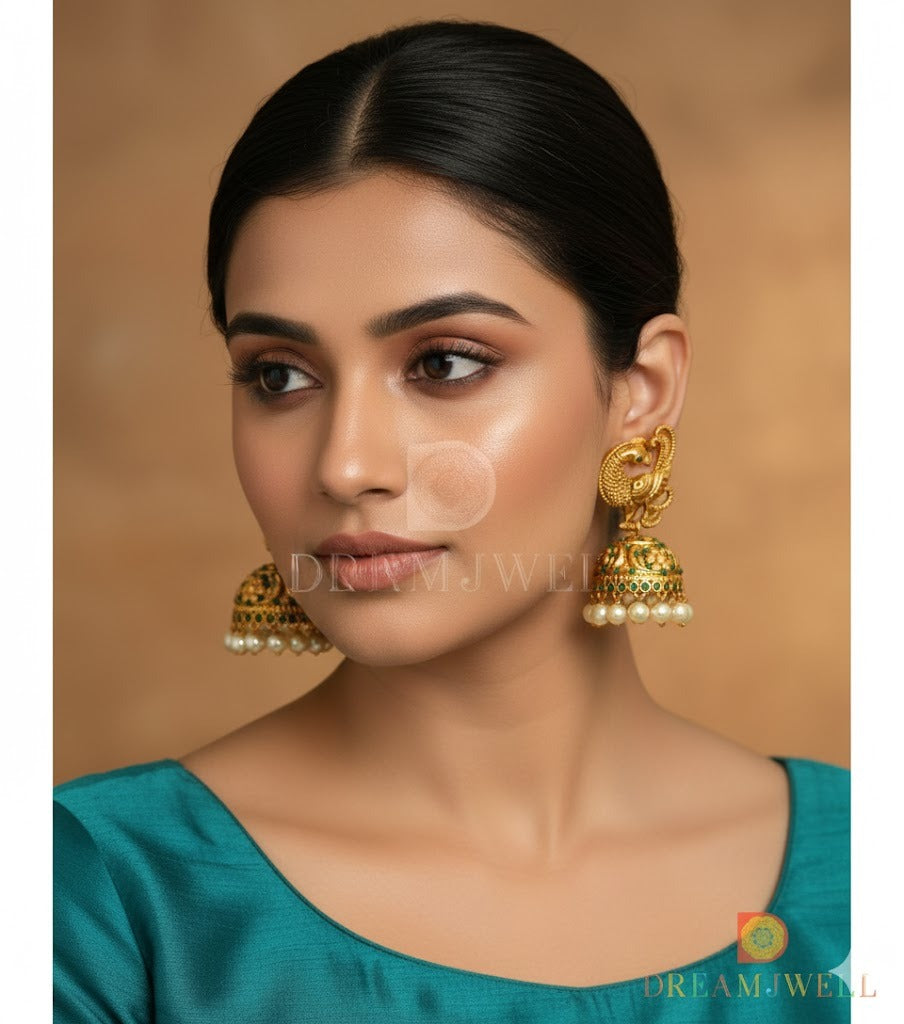 Matte finish green stone peacock jhumkka dj-37355