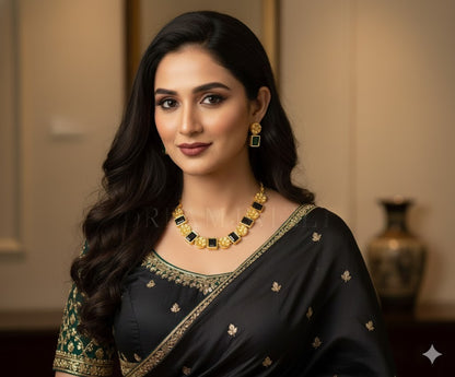 Gold tone flower black block stone sufi necklace set dj-37399