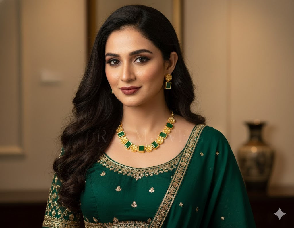 Gold tone flower emerald block stone sufi necklace set dj-37400