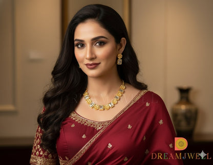 Gold tone flower white block stone sufi necklace set dj-37397