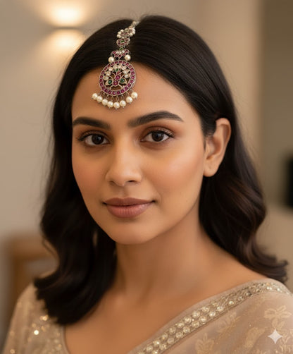 Black finish precious kemp-green-white pearl peacock tikka dj-51175