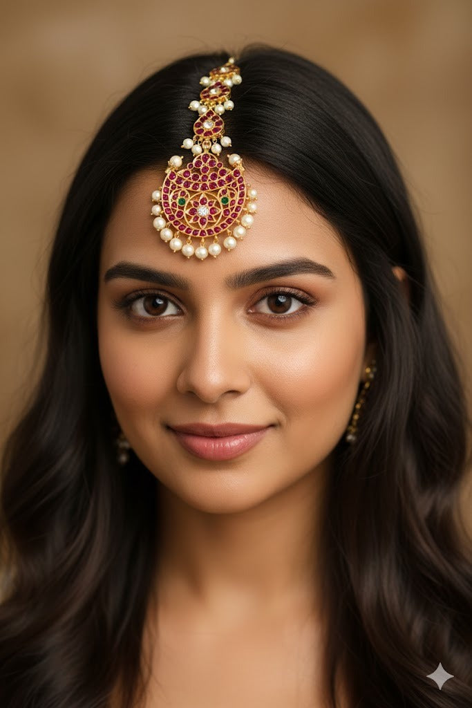 Gold tone precious kemp-green-white pearl moon tikka dj-51001