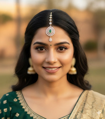 Two tone cz-green thilak stone tikka dj-51371