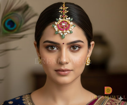 Gold tone kundan jadau pink-white tikka dj-36355