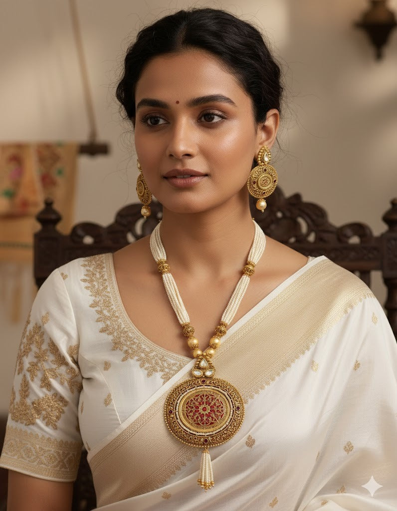 Antique Kundan Red Thewa Oval Pendant Multilayer Haar Set -dj13288