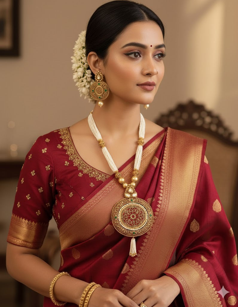 Antique Kundan Red-green Thewa Oval Pendant Multilayer Haar Set -dj13287