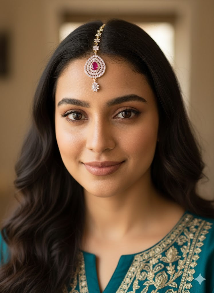 Two tone cz-ruby thilak stone tikka dj-51372