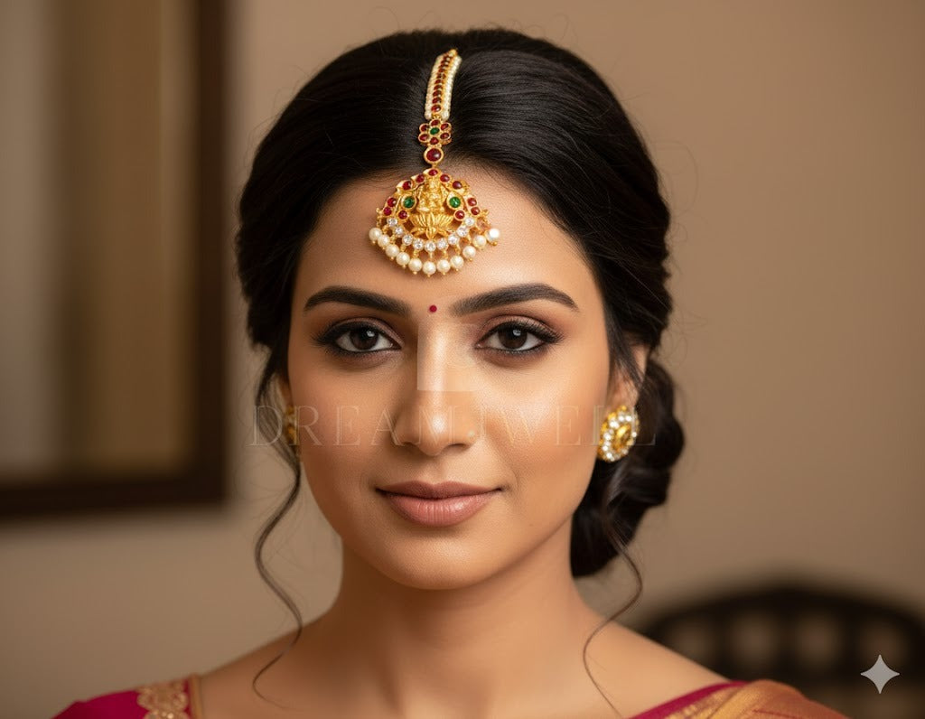 Gold tone kemp-green-white pearl Lakshmi tikka dj-36338