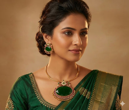 Matte finish peacock big green oval stone pendant hasli necklace set dj-51224