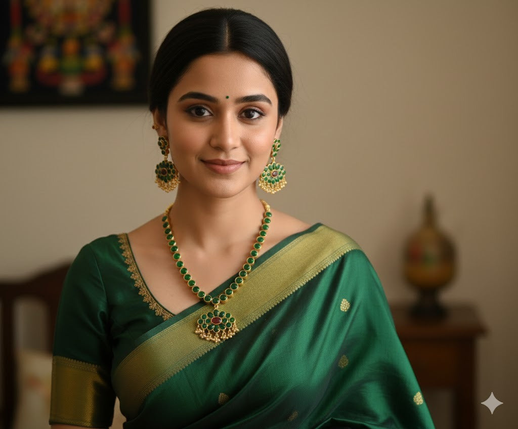 Matte finish kemp-green reversible necklace set dj-36048