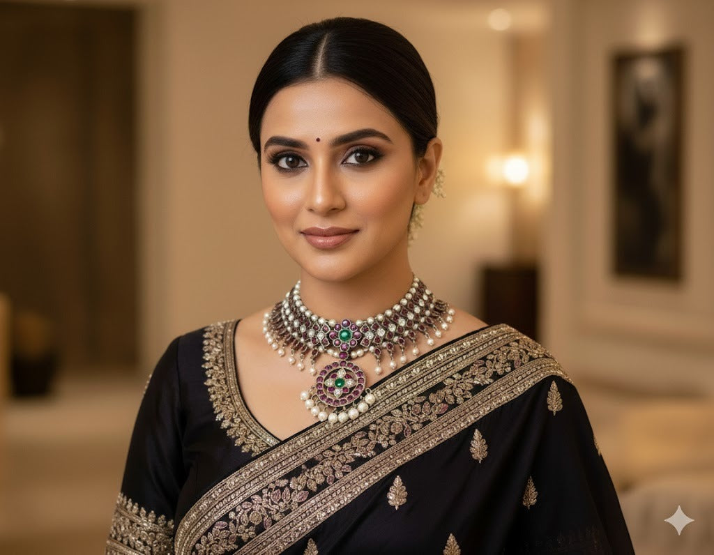 Black finish precious kemp pearl attigai/necklace dj-51032