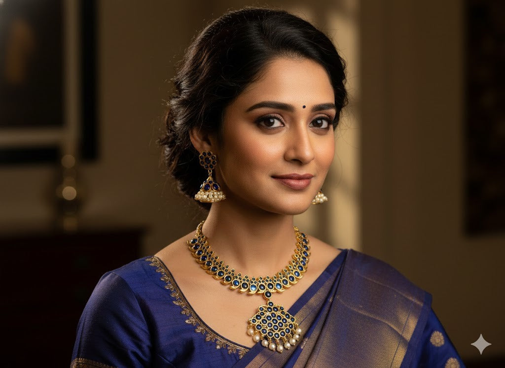 Gold tone blue mango temple necklace set dj-15939