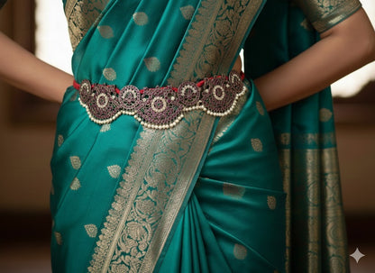 Black finish precious kemp-green-white pearl peacock flower waist band dj-50633