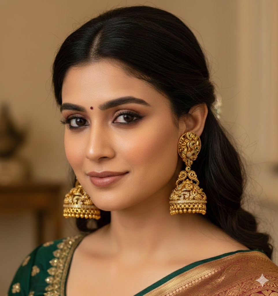 Antique gold tone cz kemp-green big nakshi peacock jhumkka dj-50510