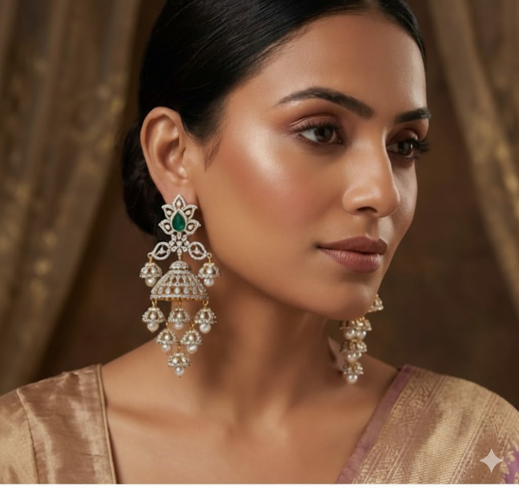 Two tone cz emerald pearl big jhumkka dj-48995