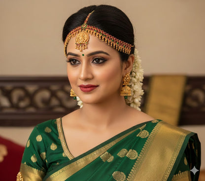 Matte finish kemp-green flower lakshmi maang tikkaa dj-45722