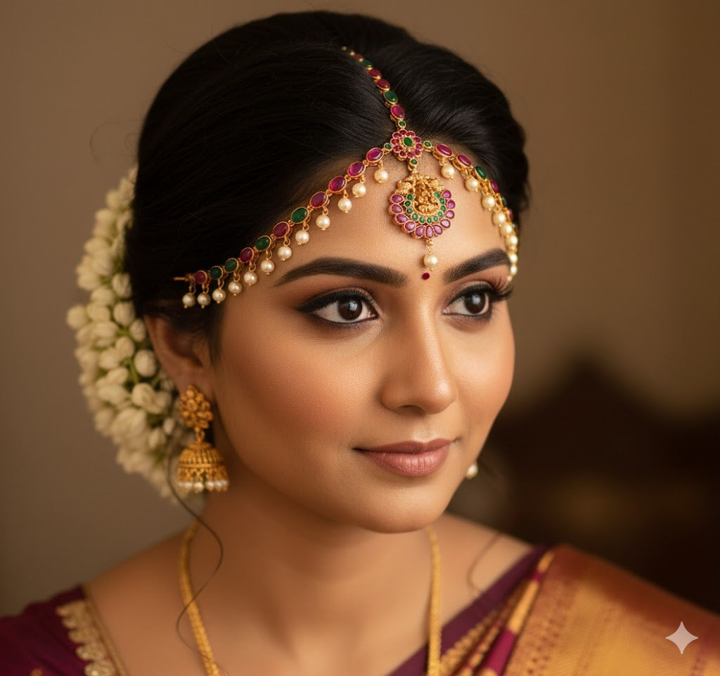 Matte finish real kemp-green pearl lakshmi peacock maang tikka dj-45713