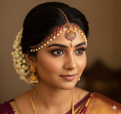 Matte finish real kemp-green pearl lakshmi peacock maang tikka dj-45713