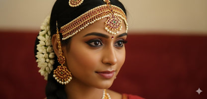Gold tone kemp-green pearl bead maang tikka dj-50389