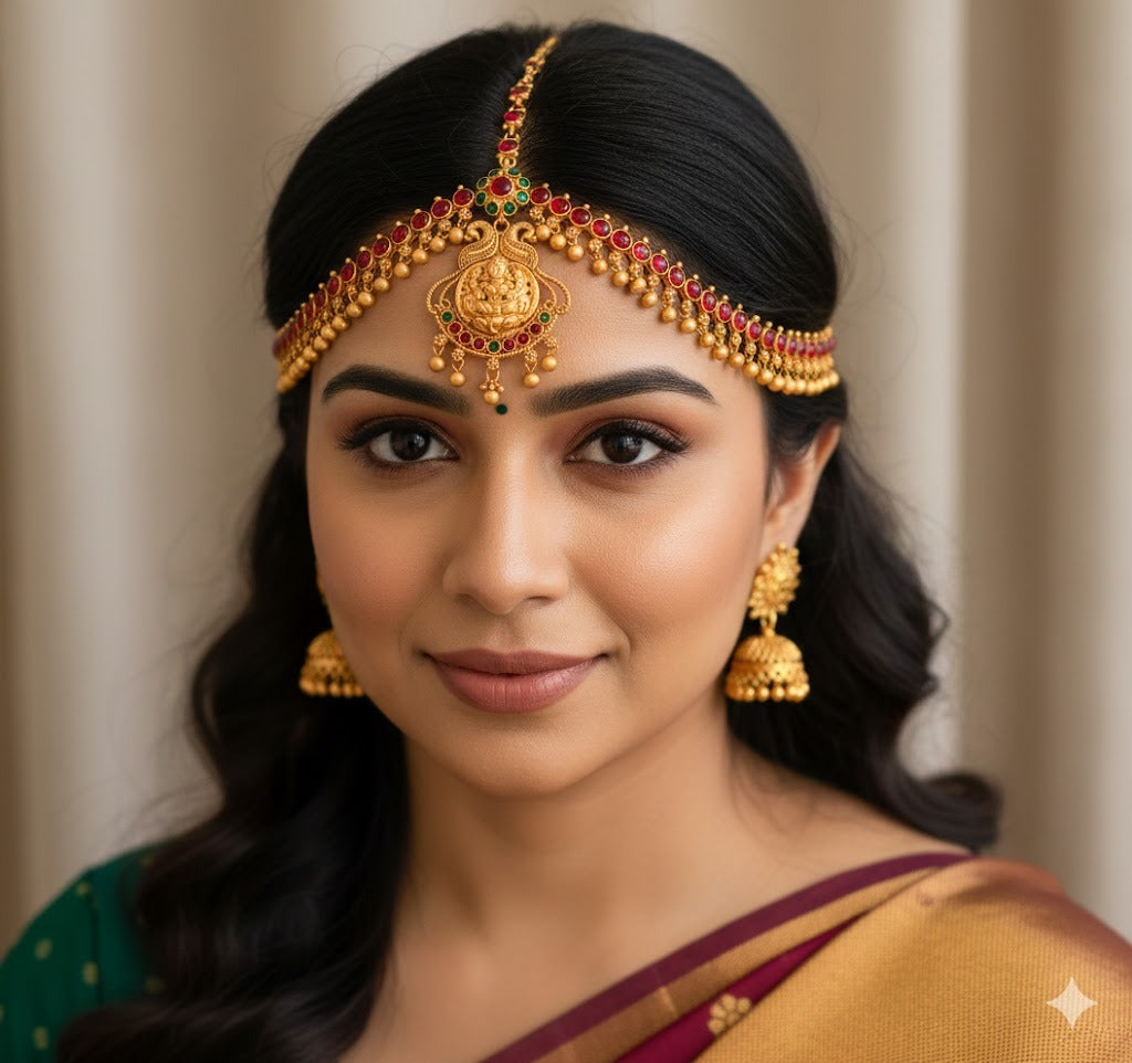 Matte finish kemp-green lakshmi maang tikka dj-45711