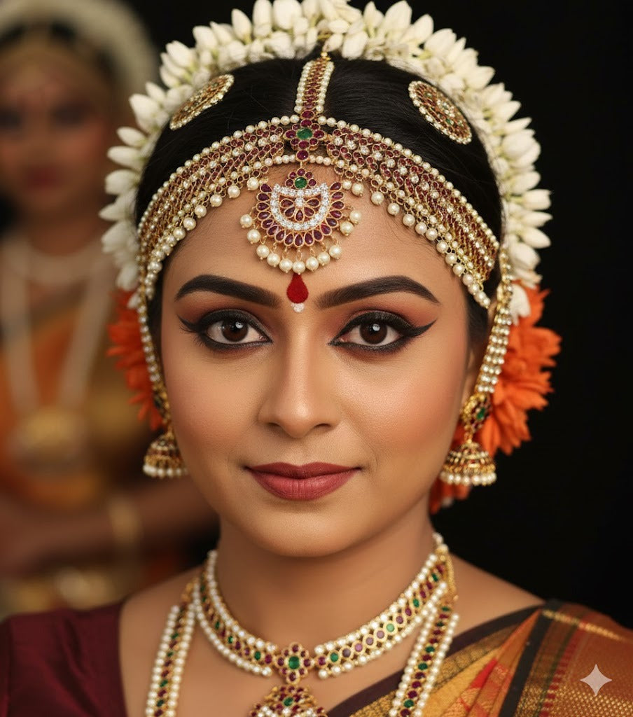 Gold tone precious kemp-green-white pearl maang tikka sun moon dj-50872