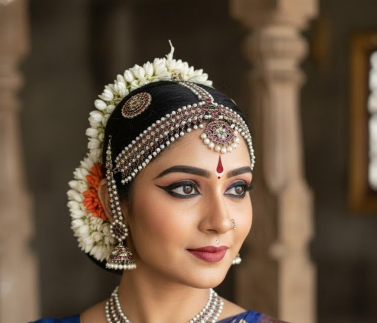 Black finish real kemp-green-white pearl maang tikka dj-52013