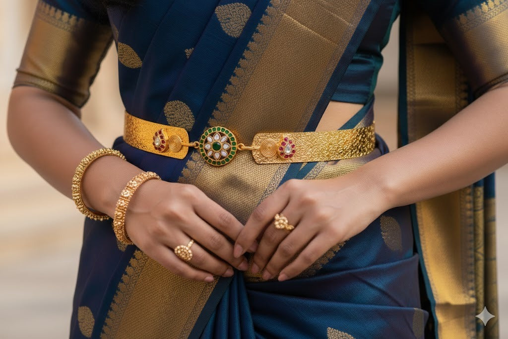 Gold tone pink-green-white kundan jadau round mango waist band dj-52179