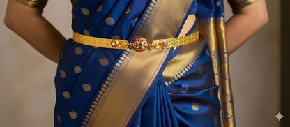 Gold tone pink-green-white kundan jadau flower mango waist band dj-50400