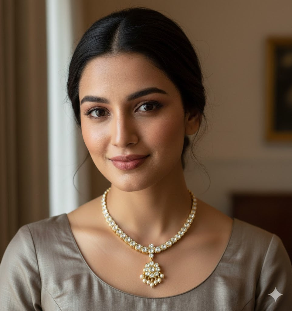 Gold tone AD white stone attigai/necklace dj-51454