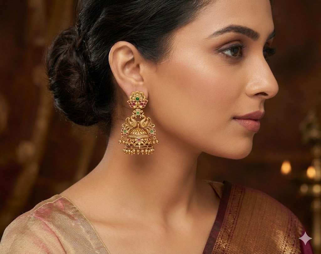 Antique gold tone kemp-green peacock flower jhumkka dj-49184