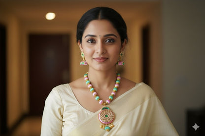 Silk thread pink-green necklace set dj-19684