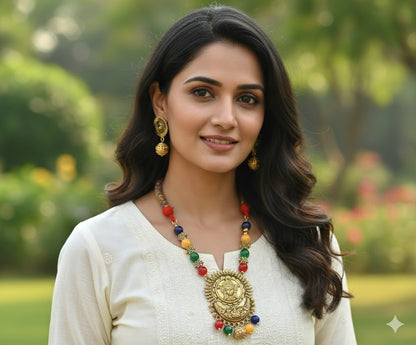 Antique multi color agate durga pendant necklace set dj-19609