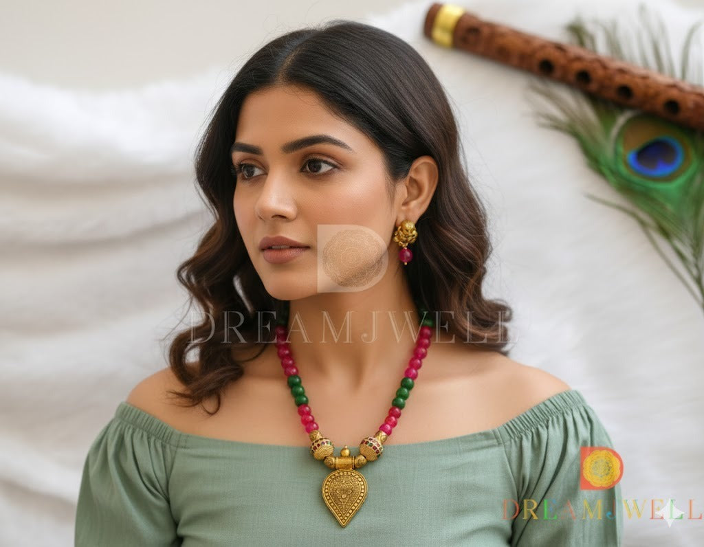 Antique pink-green beads hand made necklace set dj-37414