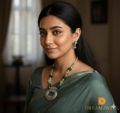 Silver tone green onyx beads necklace set dj-37454